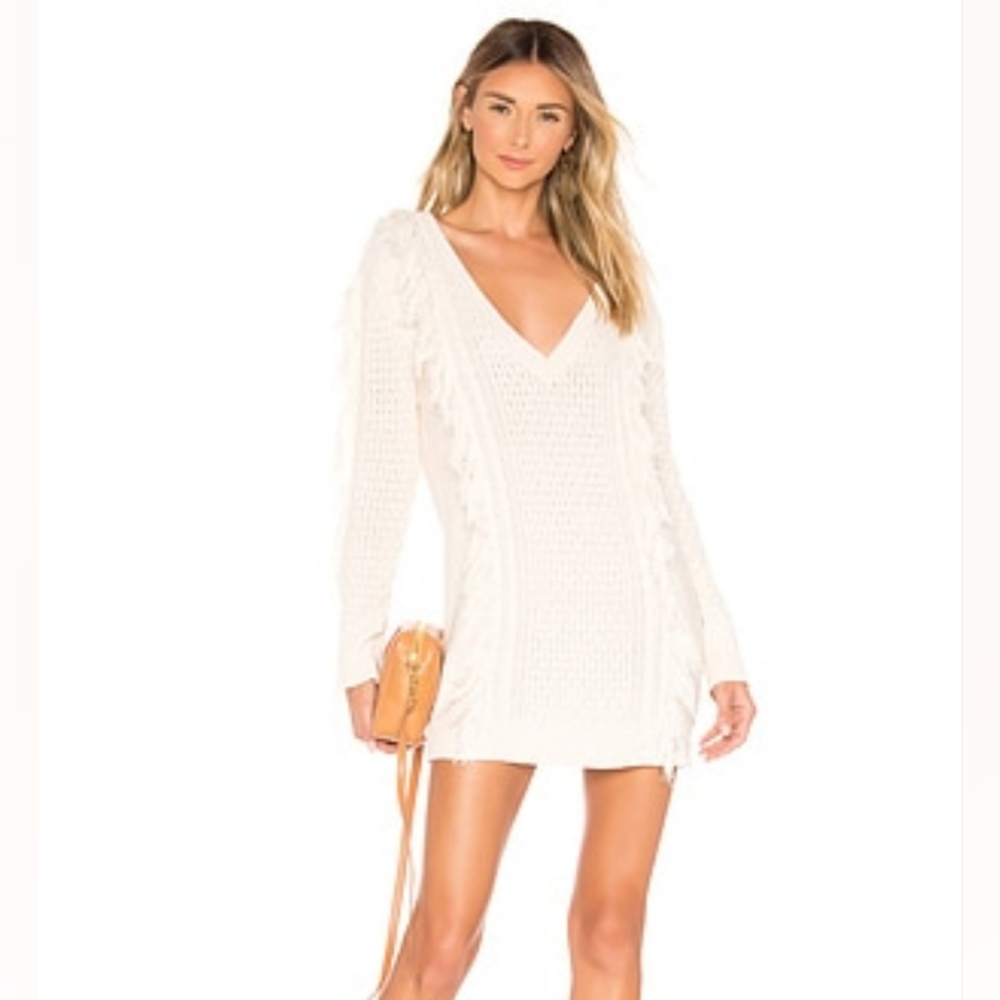 Tularosa Ysadora Sweater Ivory White Oversized Fringe NWT V Neck S Frayed Tunic